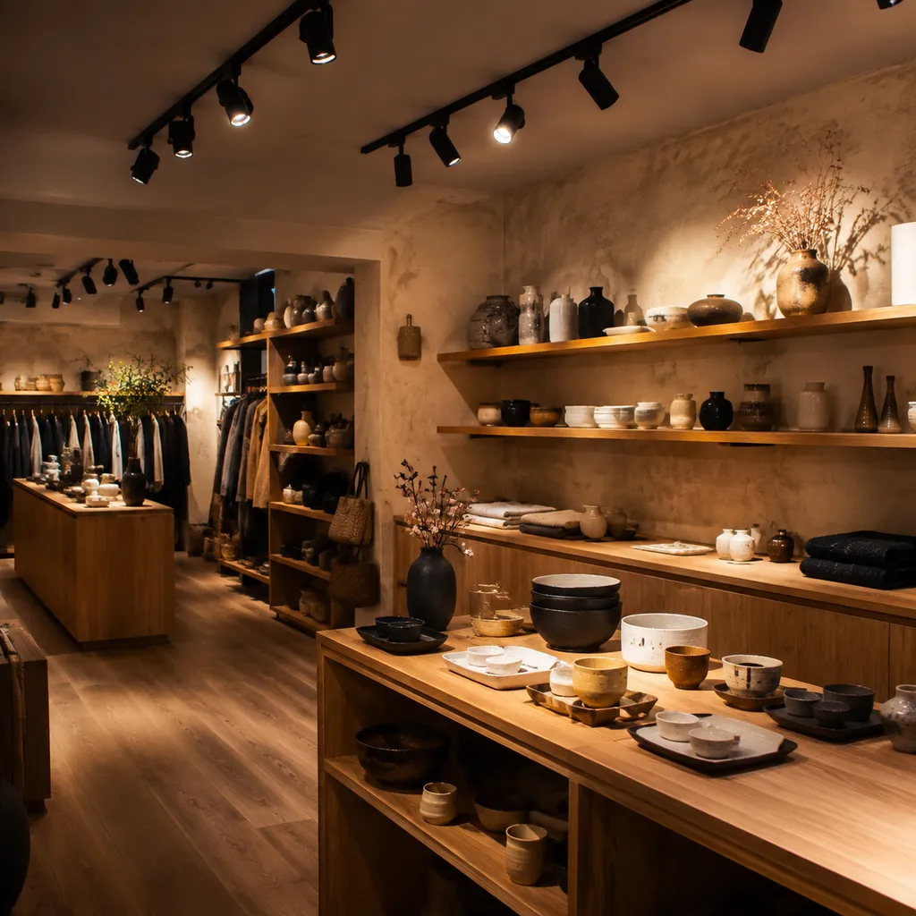 Warm commercial lighting over shelving, counters and textured walls in a finished retail room