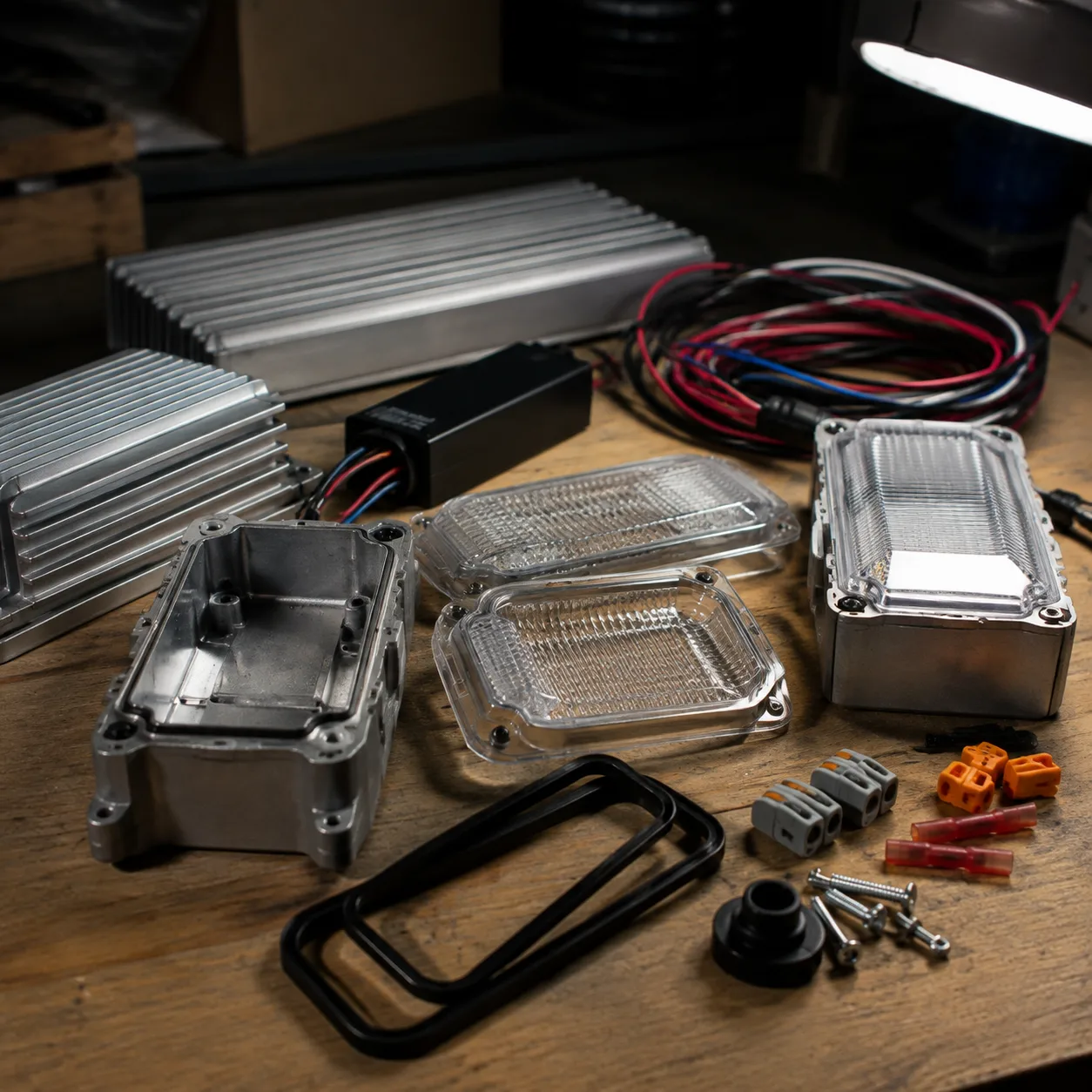 Lighting parts, LED drivers and sealed housings arranged on a workshop bench under directional light