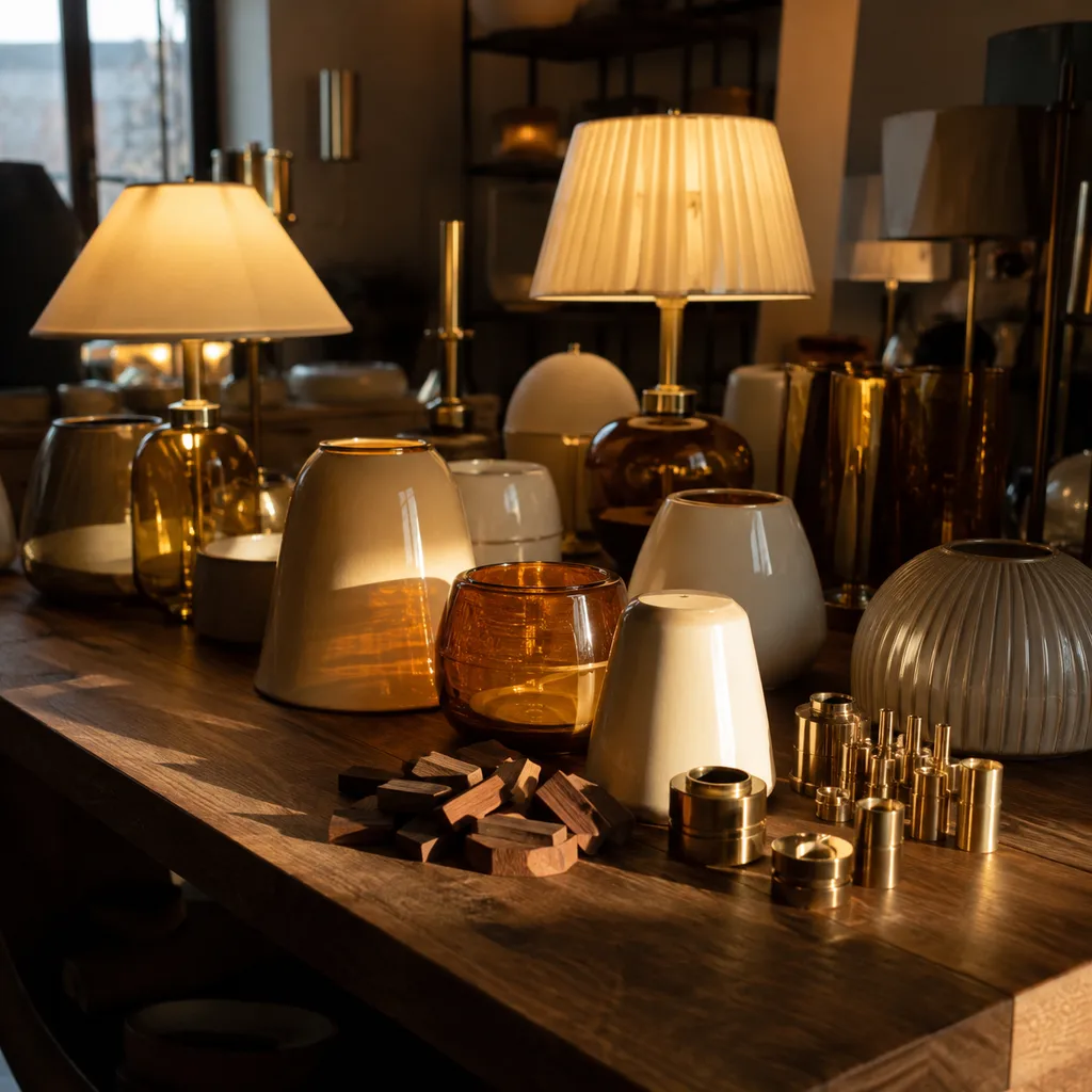 Warm residential lighting fixtures arranged on a material table with amber glass and ceramic shades