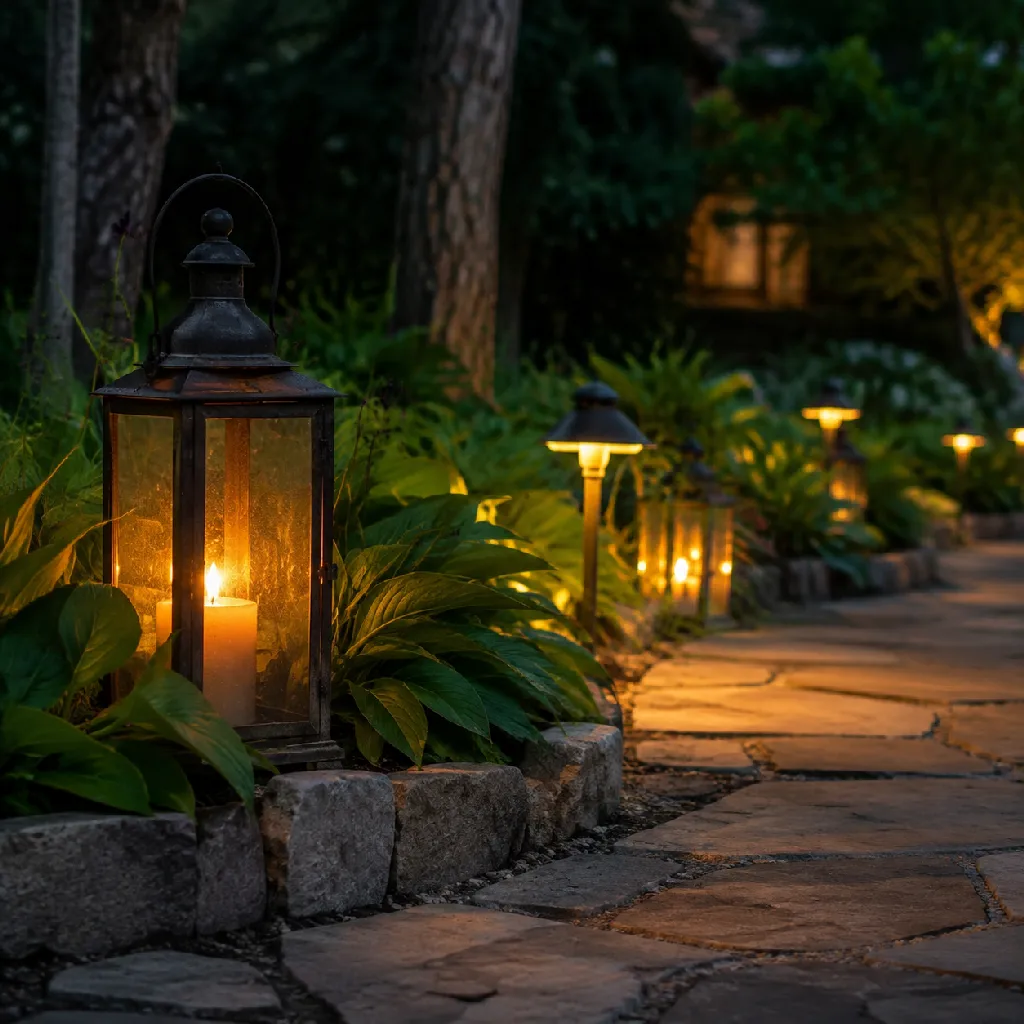 Outdoor lanterns and path lights glowing against stone, plants and a dusk walkway